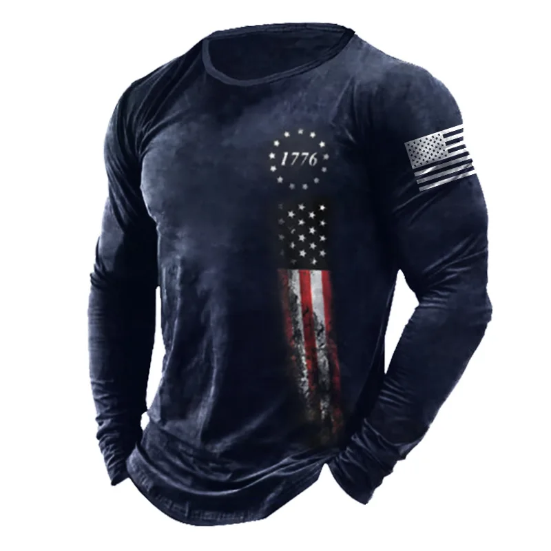 

American Vintage Long-Sleeved T-Shirt Men's American Flag Print Crew Neck Pullover Trend Loose O-Neck T-Shirt Men's Clothing