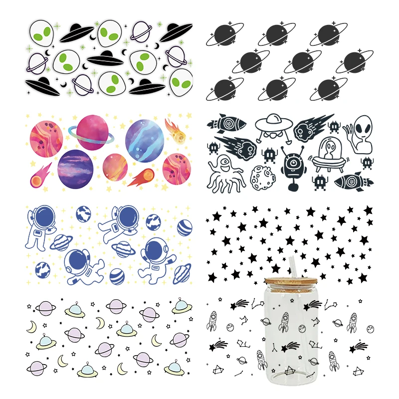 Cartoon Space Element Uv Dtf Cup Wrap Iron On Transfer Stickers For Glass Cup 16oz Decoration D17930