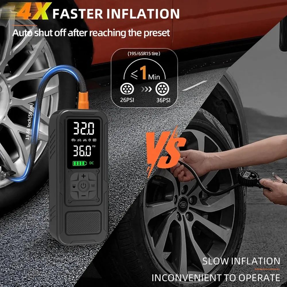 6000mAh Cordless Tire Inflator, 150PSI Air Compressor, 4X Faster, Digital Gauge for Car Motorcycle Bike view 2