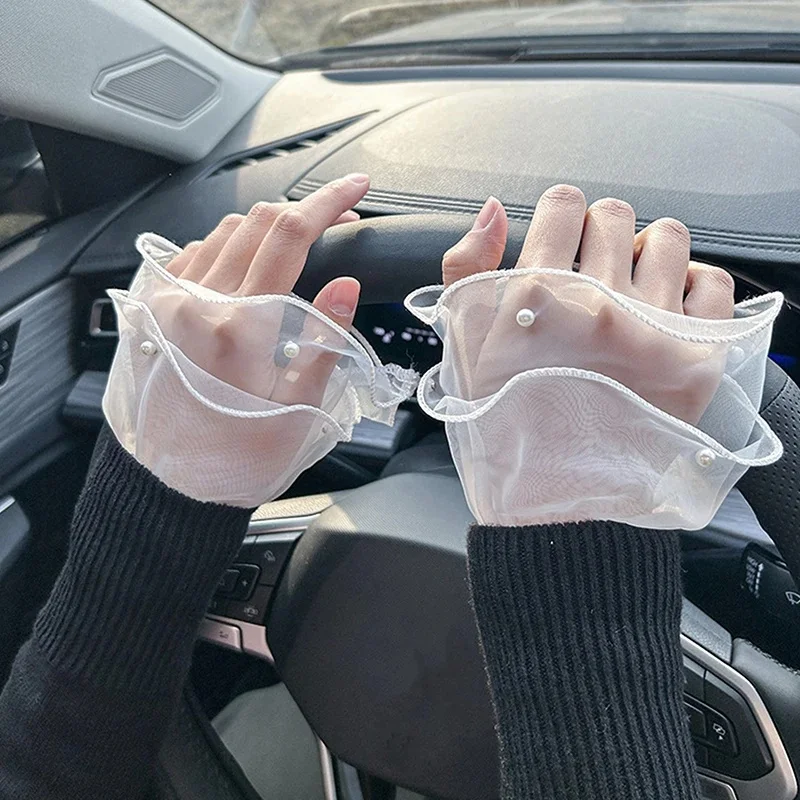 1 par Guante de tul para fotografía de uñas, puño plisado falso, accesorios de moda para exhibir uñas 3