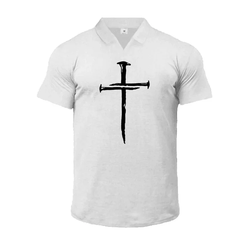Personalized Cross Print Mens Casual T-shirts Summer Cotton Fitness Short Sleeve Polo Shirts Gym Bodybuilding Breathable Polos