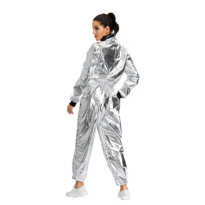 Fato de astronauta espacial feminino, macacão de 1 peça, traje piloto prateado, plus size, halloween, nova chegada, 2019