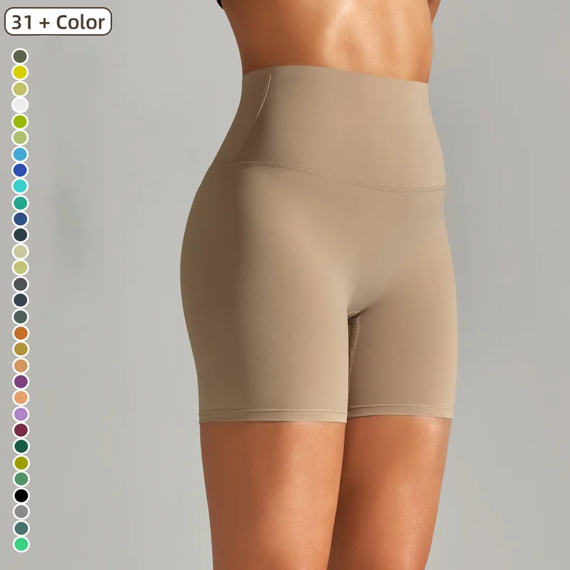 Spring and summer new solid color yoga shorts, double-sided brushed, tight-fitting, high-waisted, elastic sports fitness three-q