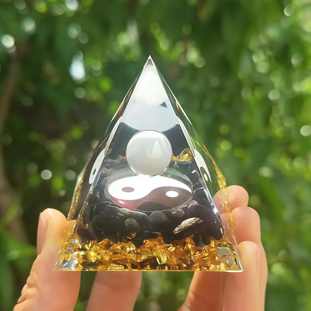 1pc Orgonite Pyramid, Yin Yang Crystal Pyramid White Quartz Sphere Orgone Black Obsidian Orgonite, Handmade Ornaments view 3