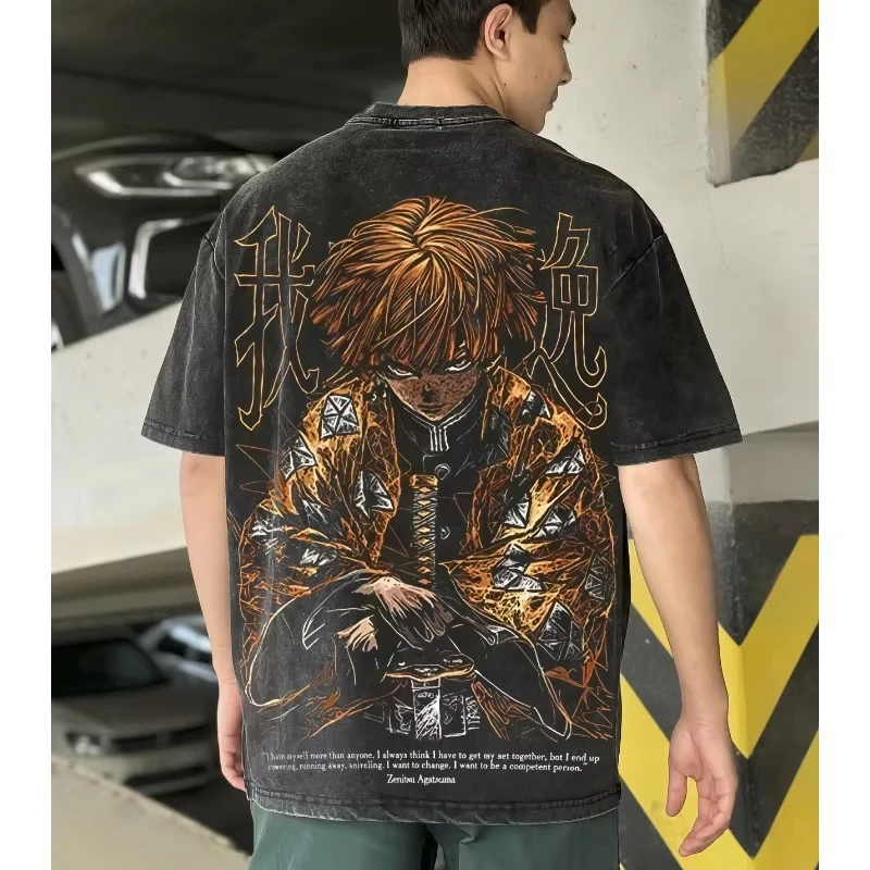 2026 New Demon Slayer Agatsuma Zenitsu Graphic Quality T-Shirt Men and Women Cotton Vintage Washed Print Streetwear Sports Tops