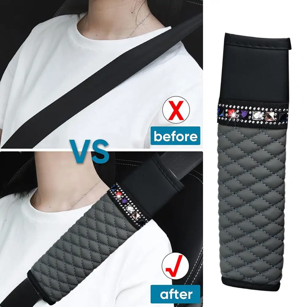 Auto Seat Belt Cover Sparkling Rhinestone Embellished Car Seat Belt Cover Stylish Faux Leather Shoulder Pad for Comfort Safe