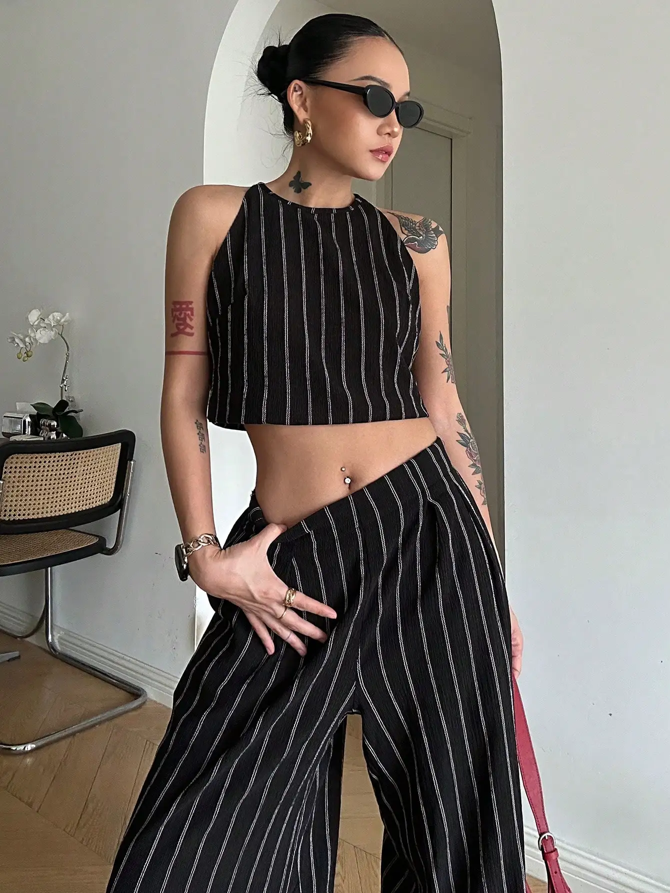 

Striped Halter Crop Top And Wide Leg Pants Set Women Casual Summer Outfit