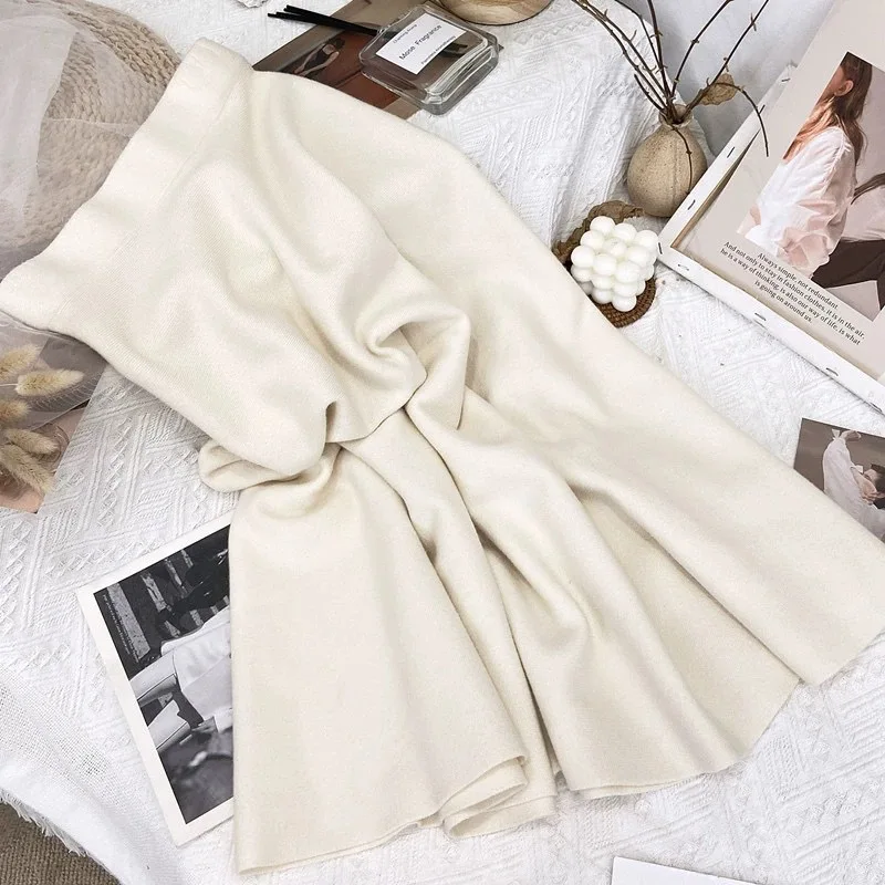 Women Retro Knitted High-Waist A-Line Midi Skirt Thick Autumn Winter Solid Color Skirts