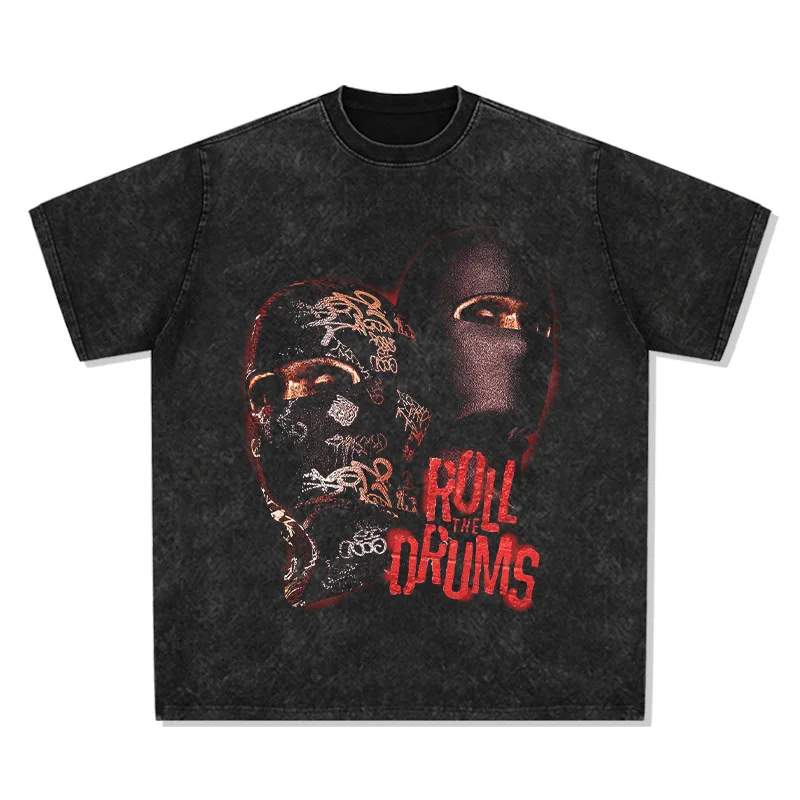 

2025 Dark and Cool Masked Man From Europe and America, American Street Hip-hop Trendy Brand, Aged Washed Short-sleeved