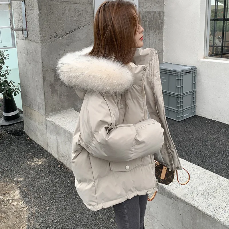 Parkas Cotton Coat Jacket Women Hooded Fur Collar Zipper Covered Button Winter Thick Windproof Outerwear Office Lady Overcoat