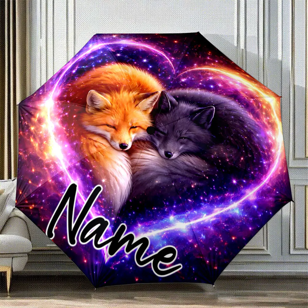 Custom Name Umbrella Cuddling Red Fox and Black Fox with Heart Nebula 8 Iron Ribs Folding Umbrella Auto-Open Fashion Sunshade