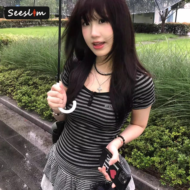 

Seeslim Hotsweet Striped Women's T-shirt Slim Summer Tops Short Sleeve Korean Fashion 2000s Clothes Y2k Tees Female Clothing
