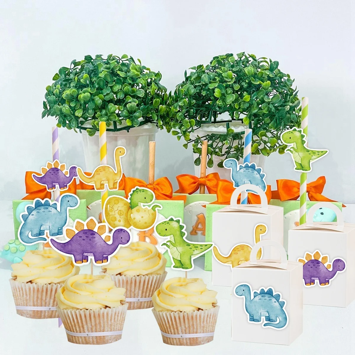 1Set Carton Dinosaur Cupcake Toppers Paper Sticker Straw For Baby Shower Boy\'s Dinosaur Birthday Party Decor DIY Gifts Wrapping