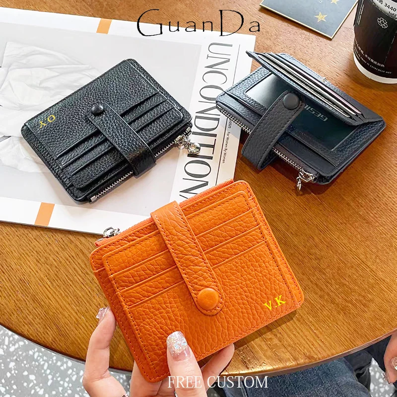 

100% Genuine Leather Custom Initials Card Holder Luxury Card Wallet Fashion Slim Mini Zip Coin Purse Business Woman's Wallet