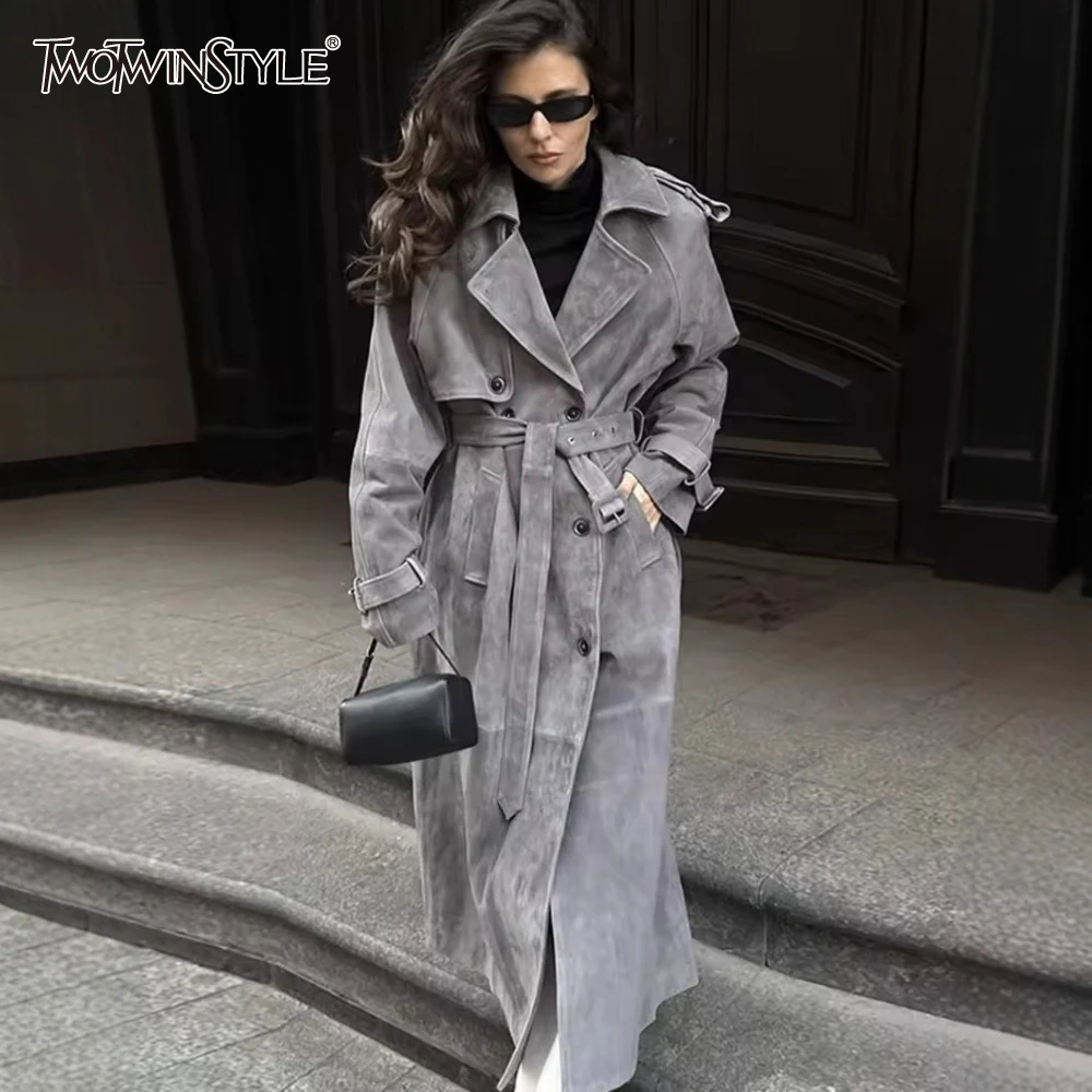 

TWOTWINSTYLE Gray High Street Fashionable Jacket for Women Notched Collar Long Sleeve Casual Loose Mid Length Windbreaker Female