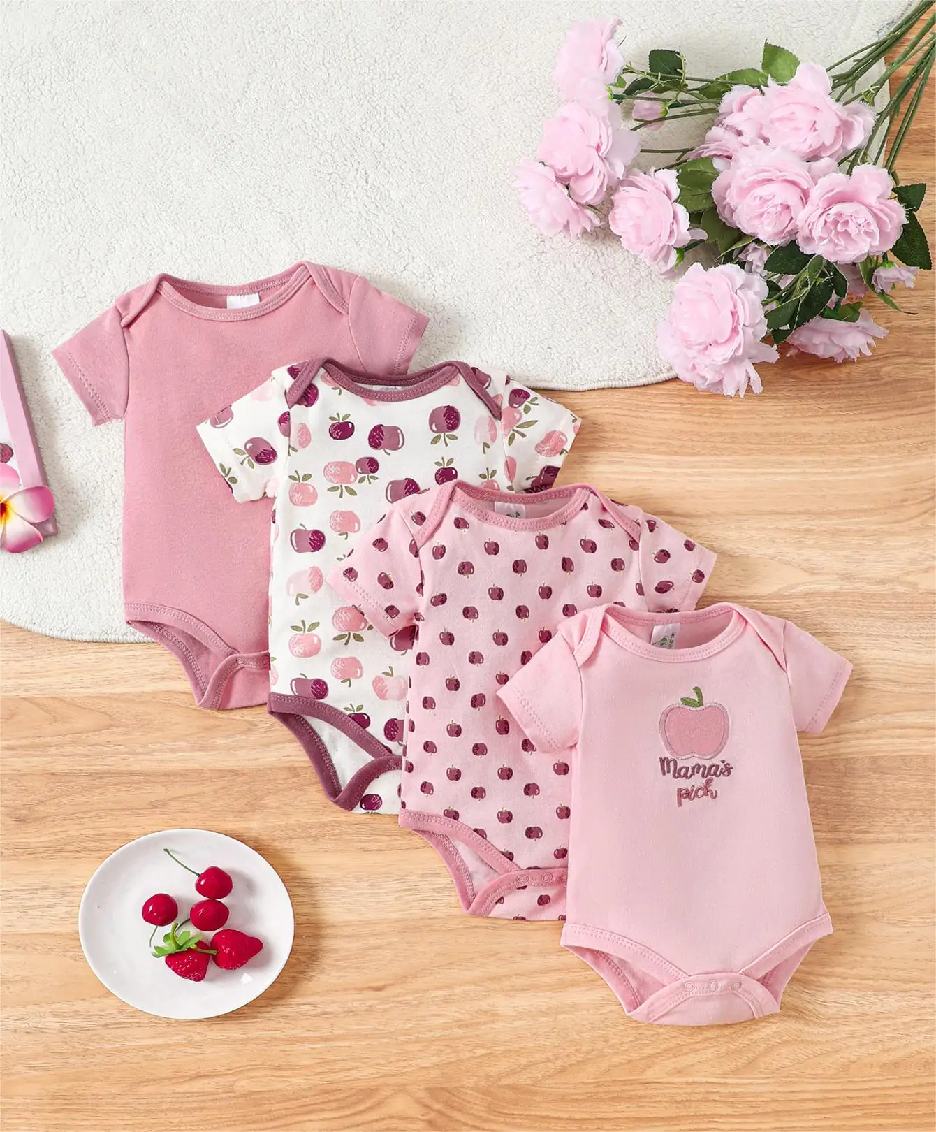 4PCS Newborn Infant Romper Short Sleeve Round Neck Cartoon Animal Flowers Print Bodysuit Onesies For Baby Boys And Girls Clothe