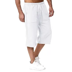 Men'S Summer Cotton Linen Capris Trendy Solid Color Drawstring Elastic Waist Bottoms Retro Double Pocket Pants Hawaiian Shorts