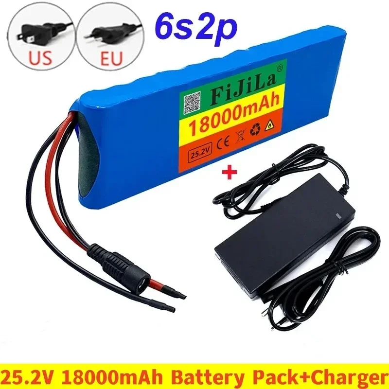 24V 18000mAh 6S2P 18650 Lithium Battery Pack 25.2V 18000mAh With BMS For Electric Bicycle Moped +25.2V 2A Batteries Charger