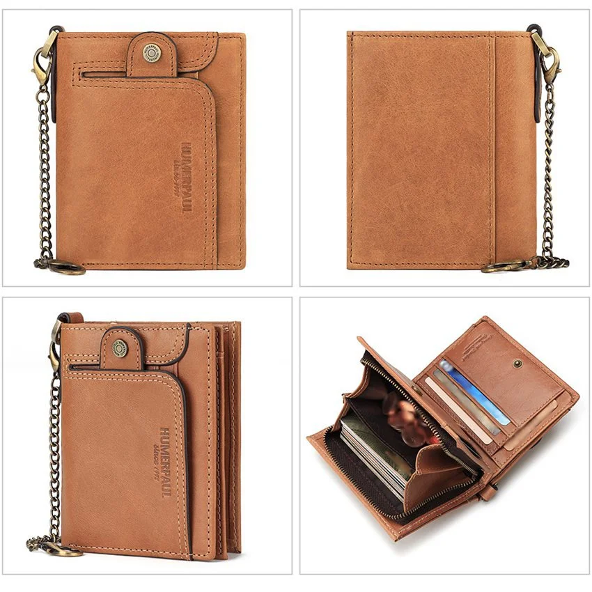 Retro RFID Blocking Wallet Men's Cow Leather Chain Wallet Short Wallet Money Clip Card Holder Wallet Notecase
