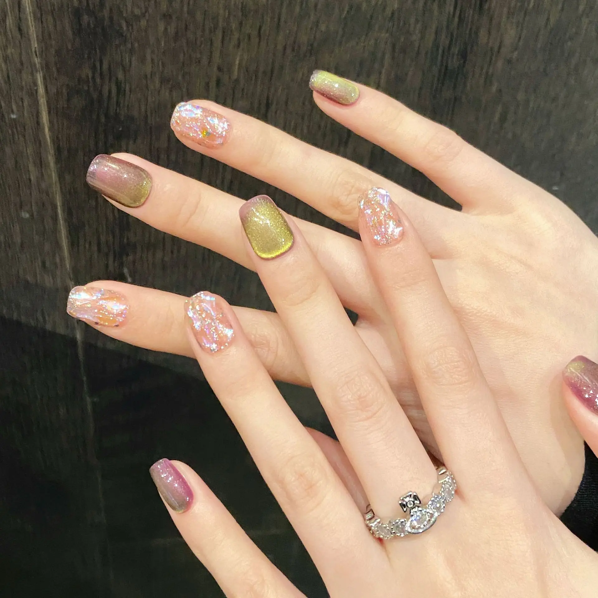 10 stuks handgemaakte korte druk op nagels glanzende twee kleuren cat eye glitter pailletten strass ontwerp nepnagels draagbare nepnagels tip