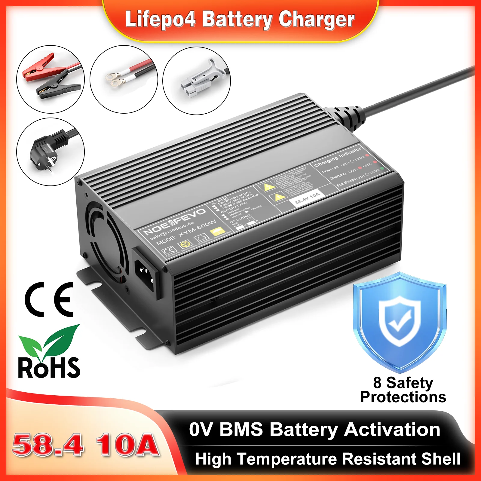 NOEIFEVO 48V 51.2V LiFePO4 Batterieladegerät 58.4V 10A, 16S Schnell-Ladegerät mit 0V BMS-Aktivierung & 8 Schutzfunktionen für Golfwagen & Wohnmobile