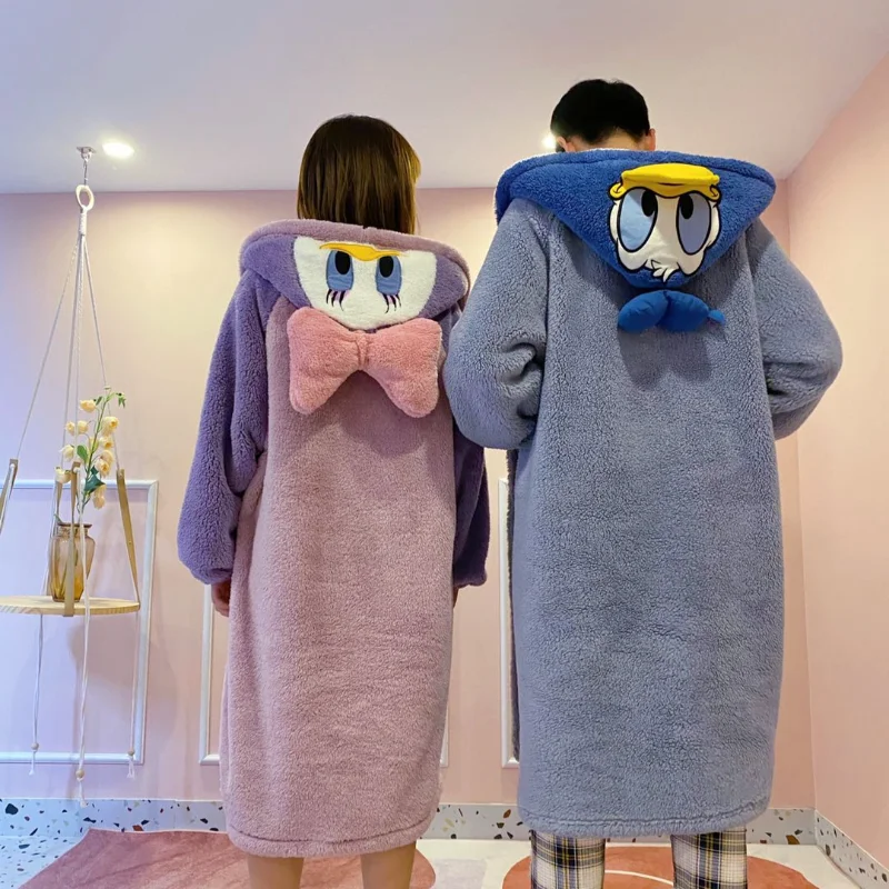 Cartoon Disney couple pajamas new coral fleece nightgown hooded nightdress men/women couple suit loungewear women's pajamas