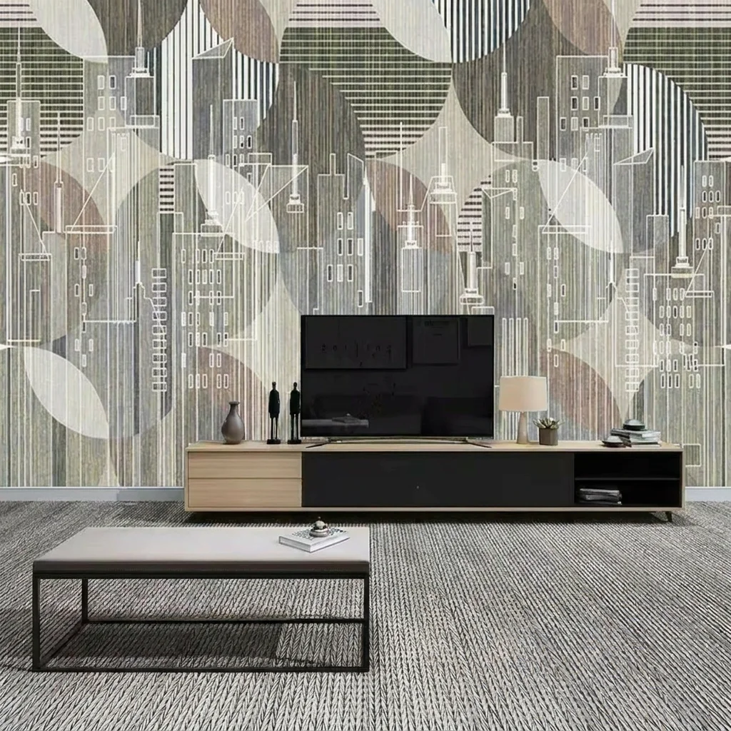 City skyline, vertical lines, and geometric shapes, background wall for living room and bedroom, self-adhesive material.