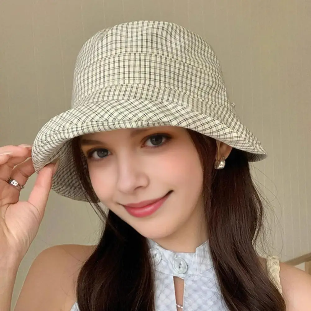 Wear Bucket Hat Plaid Fisherman Hat for Women Wide Brim Uv Protection Sun Cap Adjustable Back Bow Beach Hat Foldable Summer
