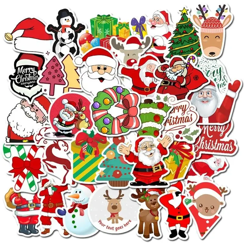 50Pcs Kawaii Colorful Christmas Sticker Santa Claus Snowman Christmas Tree Laptop Skateboard Very Thin New Year Gift Sticker