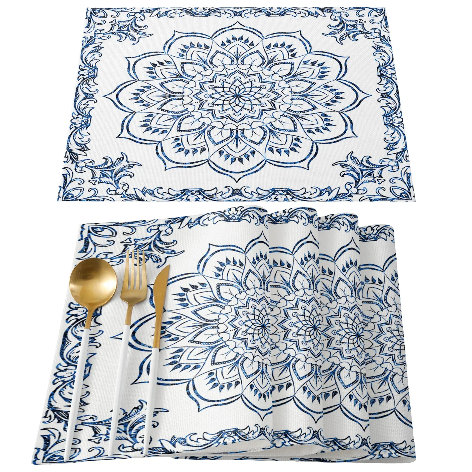 4PCS Mandala Bohemia Retro Blue Print Table Mat Wedding Holiday Party Dining Table Placemat Kitchen Accessories Home Decoration