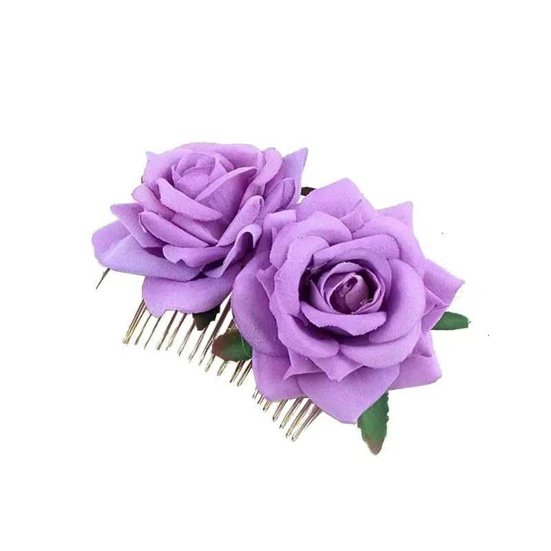 1PC Romantic Fancy Double Silk Artificial Rose Flower Hair Comb Purple Red Hair Clip Wedding Bridal Lady Prom Headpiece Headwear