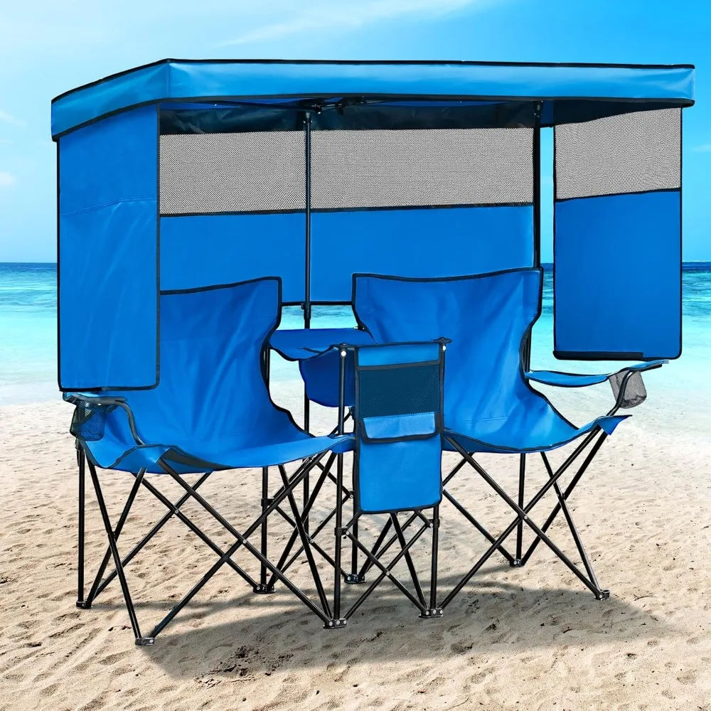 

Double Camping Chair With Canopy Shade Beach Chairs With Cup Holder Heavy Duty Folding for Outside Lawn Patio Chaise De Plage