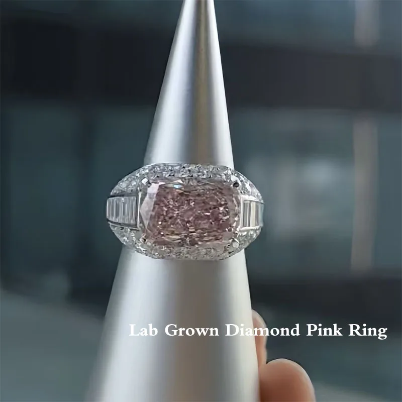 6.5ct Fancy Pink Radiant Cut VS/VVS Lab Grown Diamond Wedding Band About 3.67ctw Side Stones 14K Gold Unisex Band