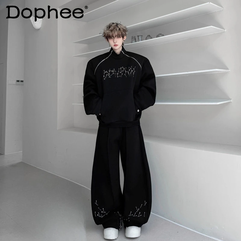 

Men's 2025 Autumn New Solid Color Chic 2pcs Zipper Pin Decoration Stand Collar Sweatshirts Men's Wide-Leg Stylish Long Pants Set