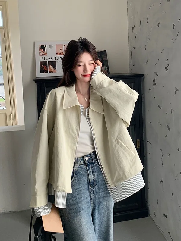 

Женская верхняя одежда больших размеров: весенне-летняя куртка с длинным рукавом, отложным воротником, свободного кроя, в корейском стиле, для фигуры типа «груша»