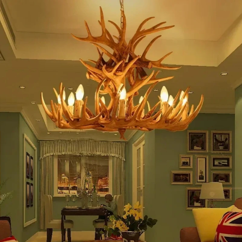New Vintage Resin Antler Chandelier Creative Lighting Fixtures Indoor Decoration for Living Room Restaurant Hotel Home Lamp