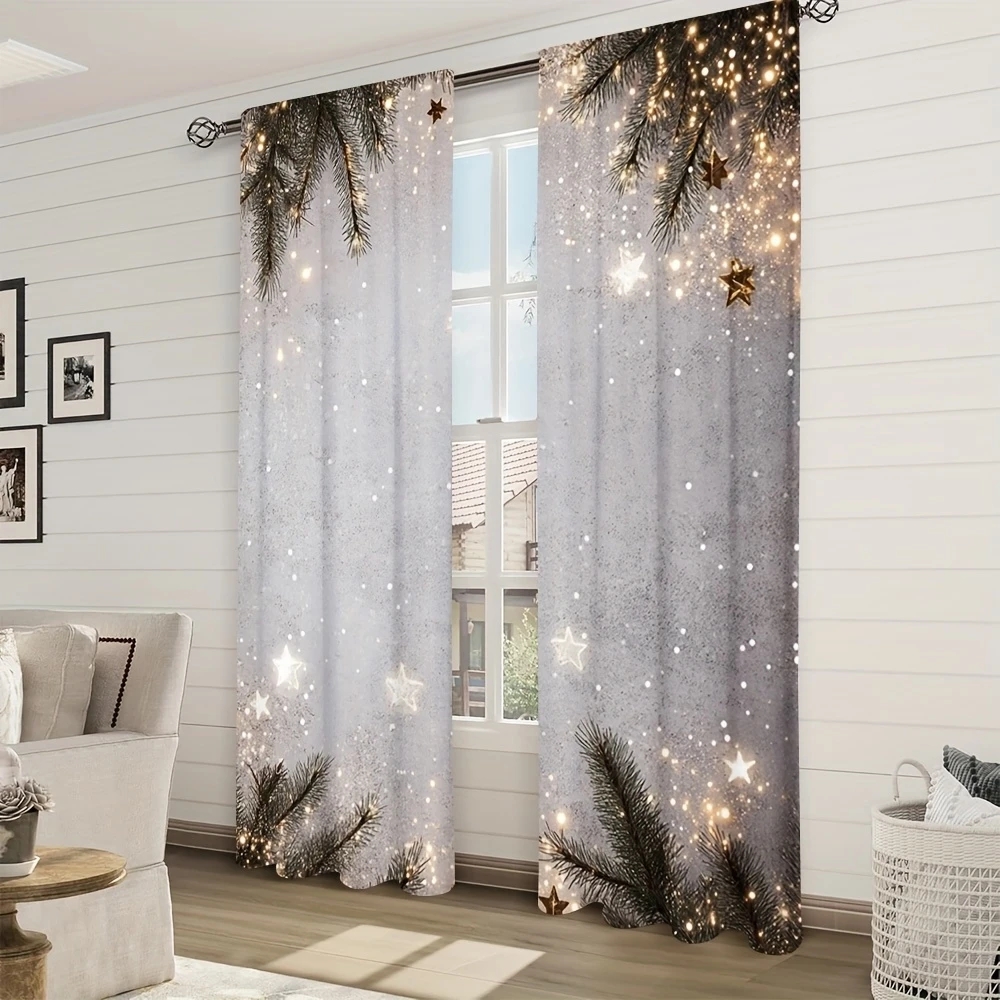 Silver Gray Pine Fairy Light Star Curtains, Rod Pocket, Polyester, Home Decor, Bedroom Living Room, Dreamy Home Decor, Polyester