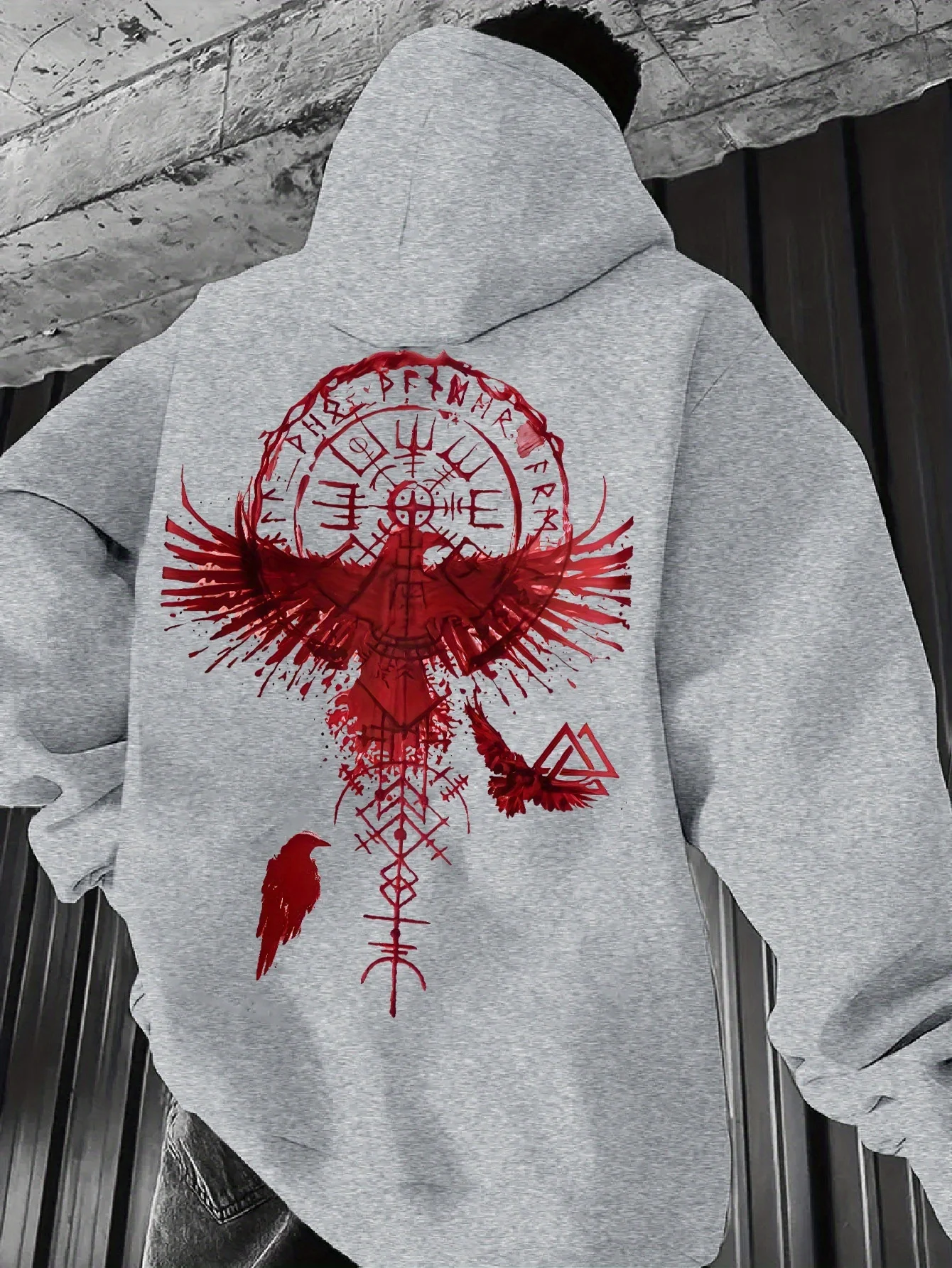 Edgy Myth‑Style Men Hoodie Splash Raven Viking Rune Symbol Back Graphic Print Autumn‑Winter Sweatshirt - view 5