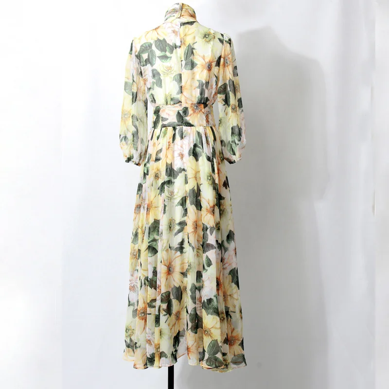 

2023 New Fashion Runway Bohemian Vacation Chiffon Women Summer Long Sleeve Yellow Camellia Print Elegant Midi Dress