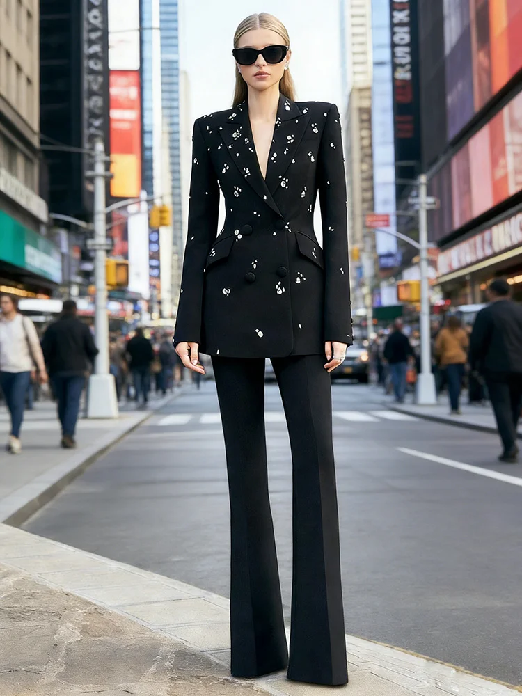 

HIGH STREET Newest 2025 Stylish Designer Suit Set Women's Diamonds Beaded Blazer Pants Set 2pcs