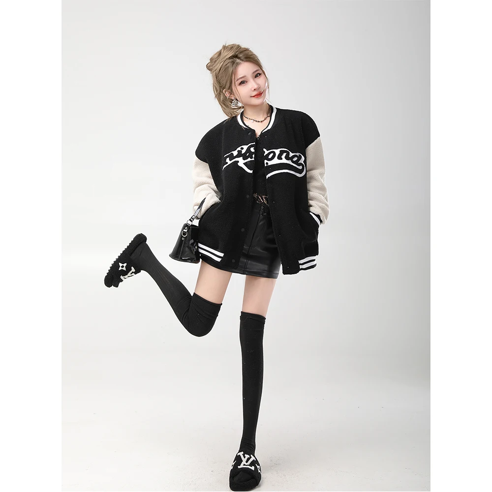 

Женская утепленная оверсайз куртка-бомбер из овечьей шерсти с цветными вставками, осенне-зимняя, с V-образным вырезом, на пуговицах, с длинными рукавами, повседневное пальто