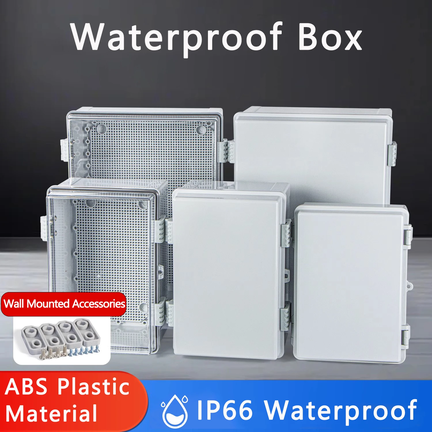 Gray/Transparent Cover Enclosure Power Junction Box ABS Plastic Hinge IP66 Waterproof Outdoor Electronic Distribution Box