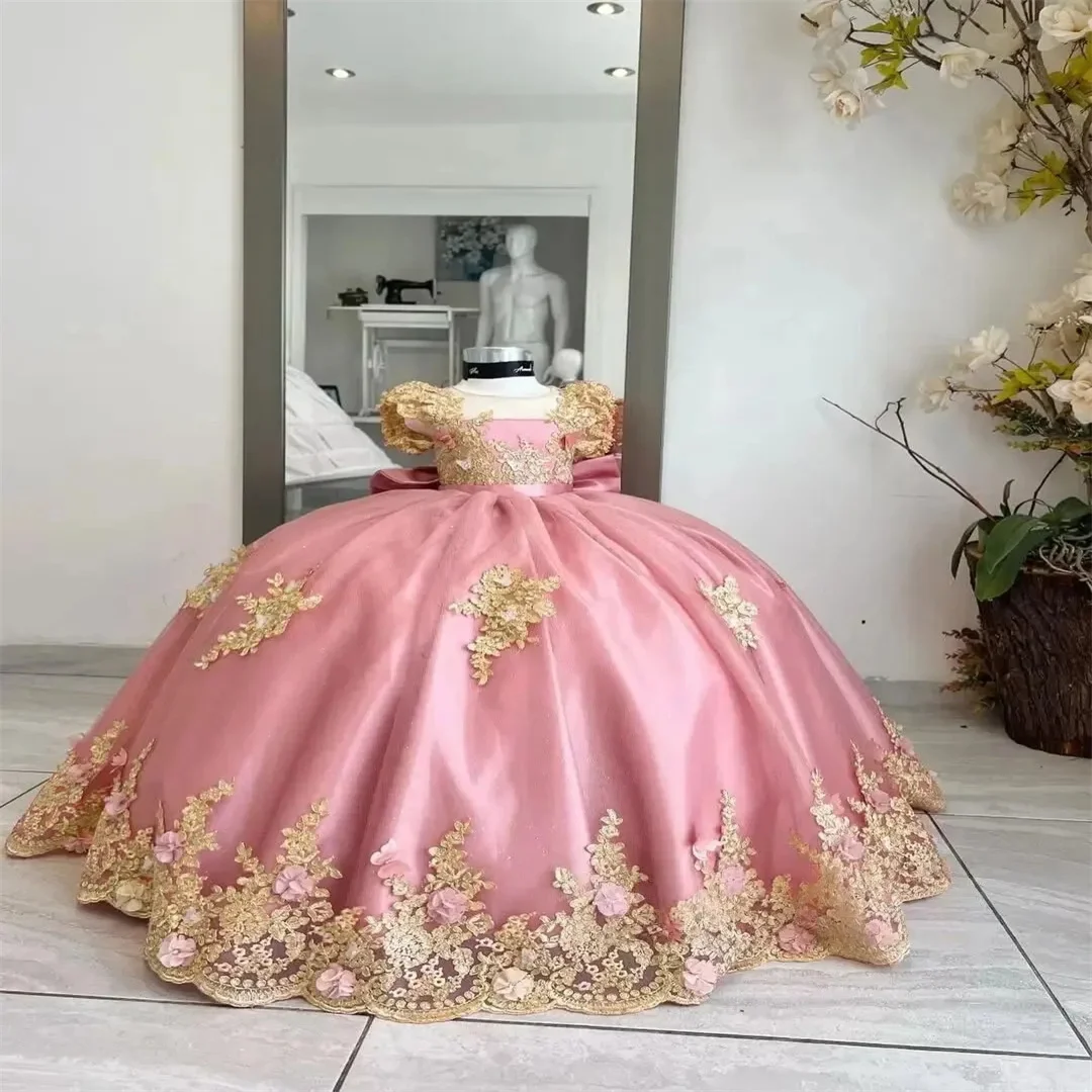 Cswdocy Customized Flower Girl Dresses for Wedding With Bow Gold Lace Appliques Princess Baby Girl Pageant Birthday Ball Gown