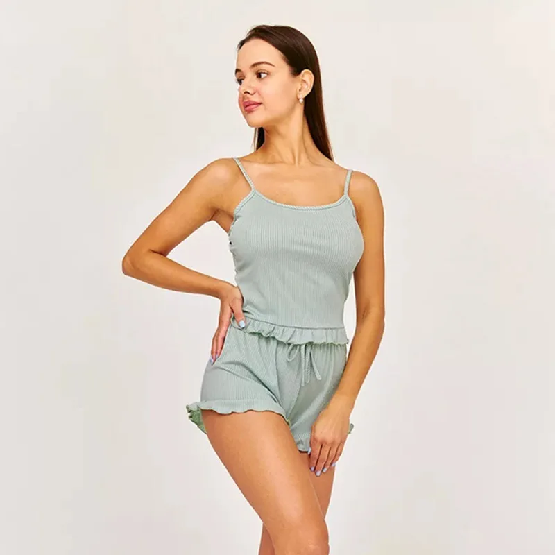 European and American sexy suspenders ruffle edge shorts casual ribbed pit strips can be worn outside cross-border loungewear