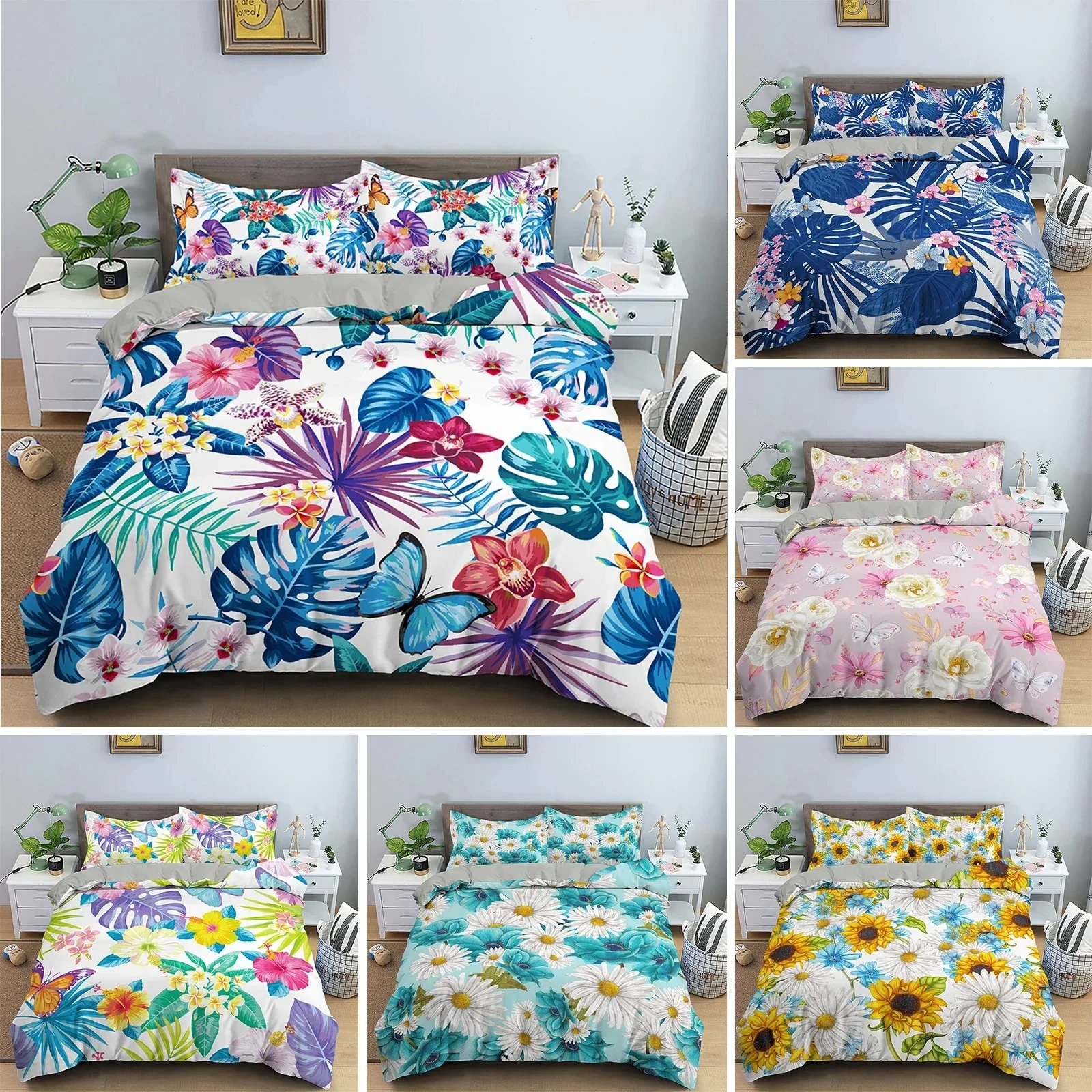 Tropical Plant Bedding Set Green Leaves Duvet Cover with Zipper Closure Comforter Cover Queen King Full Polyester Quilt Cover