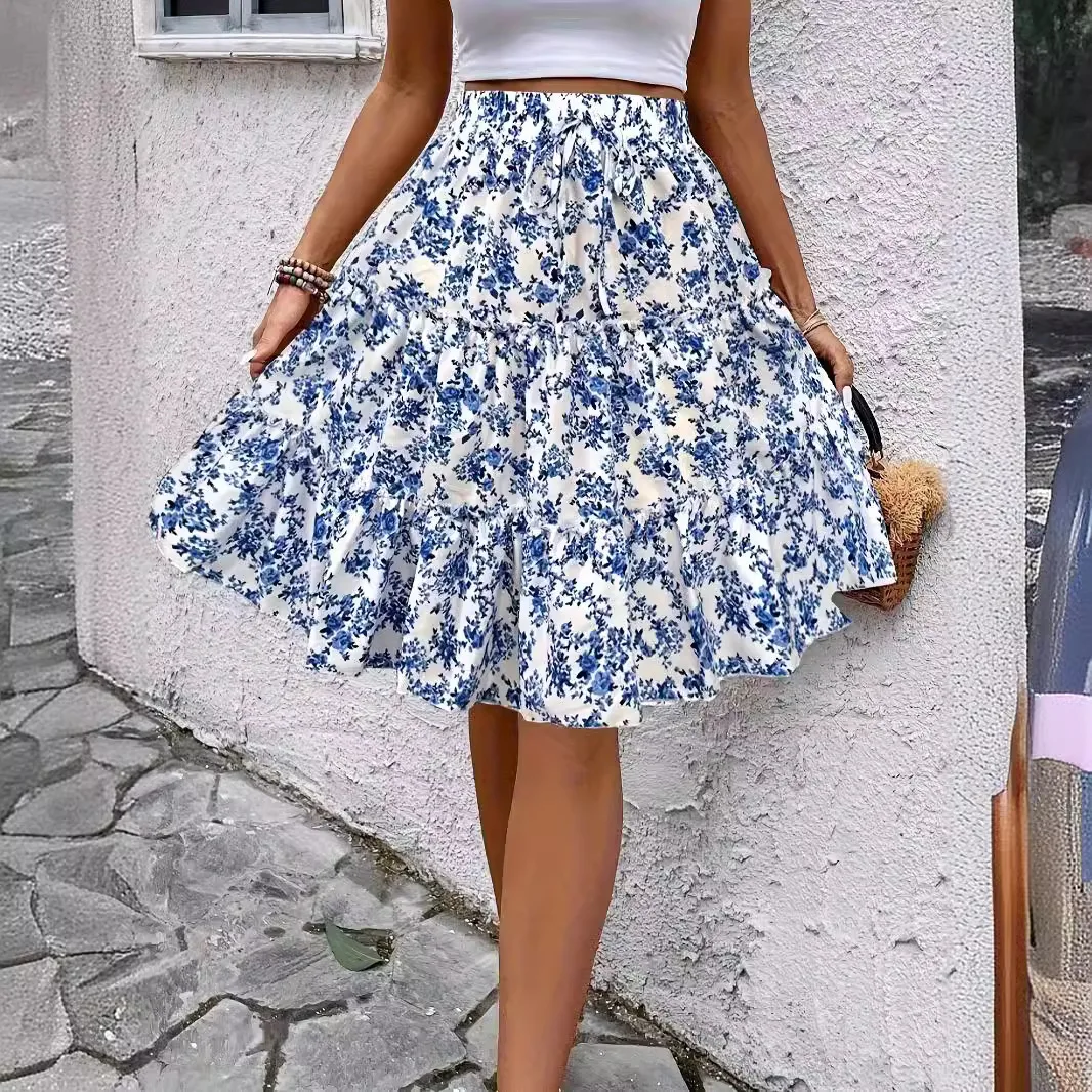 New Womens Boho Floral Print Tiered Ruffle Skirt High Waist Drawstring A-Line Mini Skirt for Summer Beach