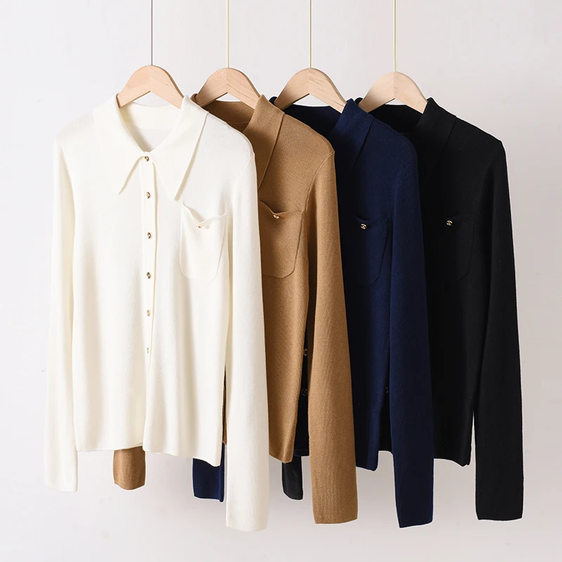 Autumn and winter exquisite imitation fine wool Polo collar knitted cardigan feminine Korean style sweater versatile jacket