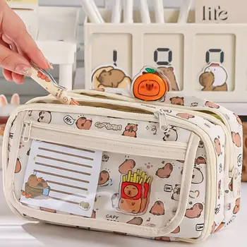 CapyReale-学生用ステーショナリーバッグ,透明ペンシルケース,キャンバス,ブラックキャッツペンシルバッグ,大容量,漫画,多層