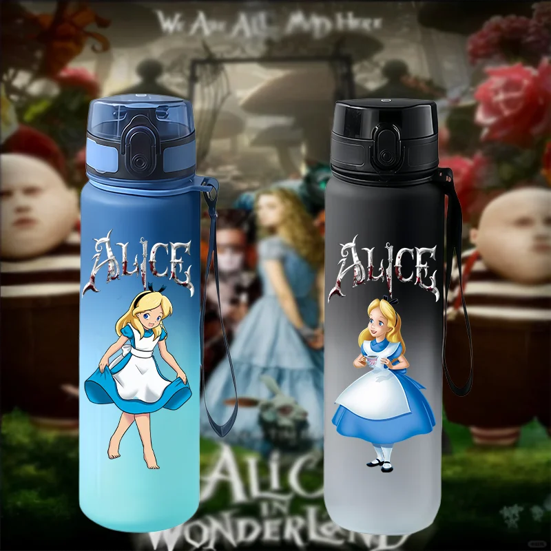 Botella de Agua Deportiva Alice con Degradado de Color, 650 ml, Tapa Abatible, Antiderrames, con Cordón, Regalo con Diseño de Alicia en el País de las Maravillas