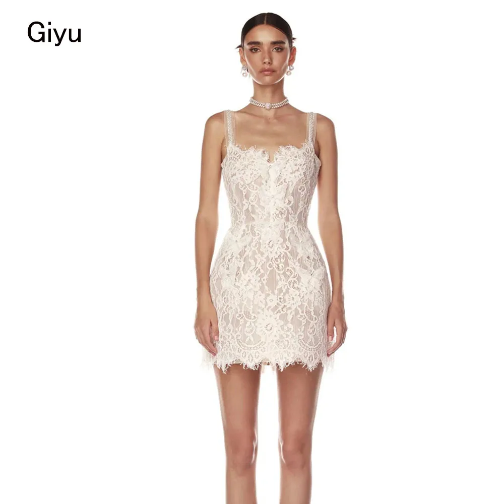 Giyu Full Lace Mini Trouwjurk Sweetheart Kraag Spaghetti Band Korte Lengte Boven De Knie Verjaardagsfeestje Jurk Aangepast